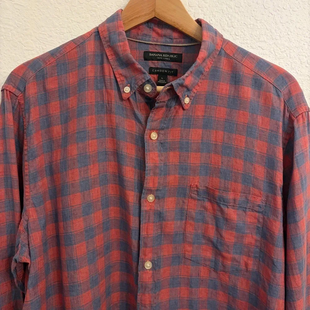 Banana Republic 100% Linen Button Up Shirt Mens Large‎ Camden Fit Red Blue Check